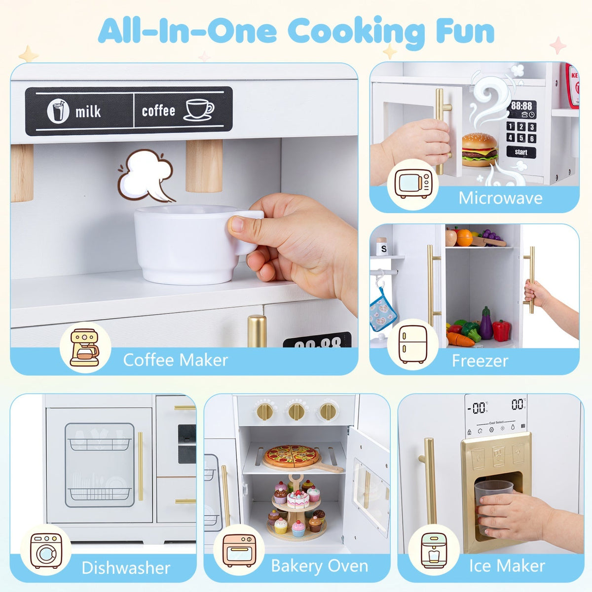 Wooden play kitchen set with lights and sounds for kids, featuring stove, oven, and sink, designed for children aged 3 and up.