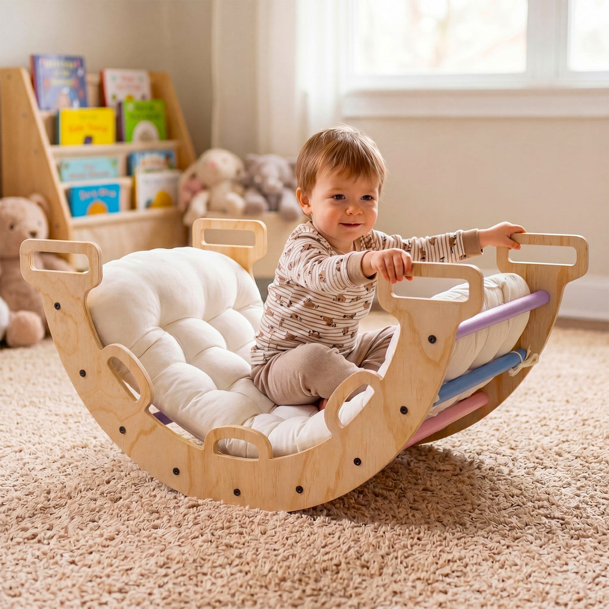 Wooden rocking climbing arch with cushion from GBruno Store, 3-in-1 Montessori climbing toy for kids' indoor play.