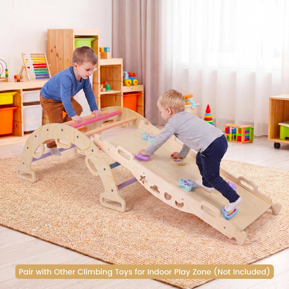 Wooden rocking climbing arch with cushion, 3-in-1 Montessori climbing toy for kids, by GBruno Store.