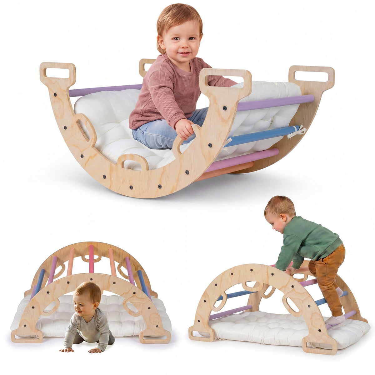 Wooden rocking climbing arch with cushion, 3-in-1 Montessori climbing toy for children, durable wood and colorful cushion pad.