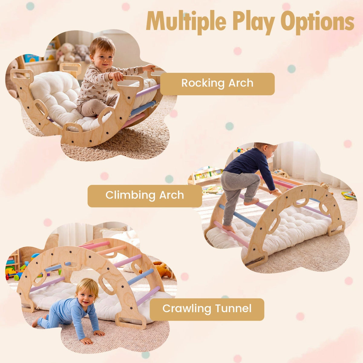 Wooden rocking climbing arch with cushion, 3-in-1 Montessori climbing toy for children, made by GBruno Store.
