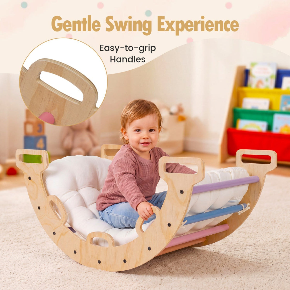 Wooden rocking climbing arch with cushion, 3-in-1 Montessori climbing toy for children, from GBruno Store.