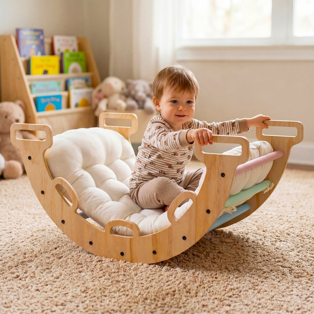 Wooden rocking climbing arch with cushion, 3-in-1 Montessori climbing toy for kids, made by GBruno Store.