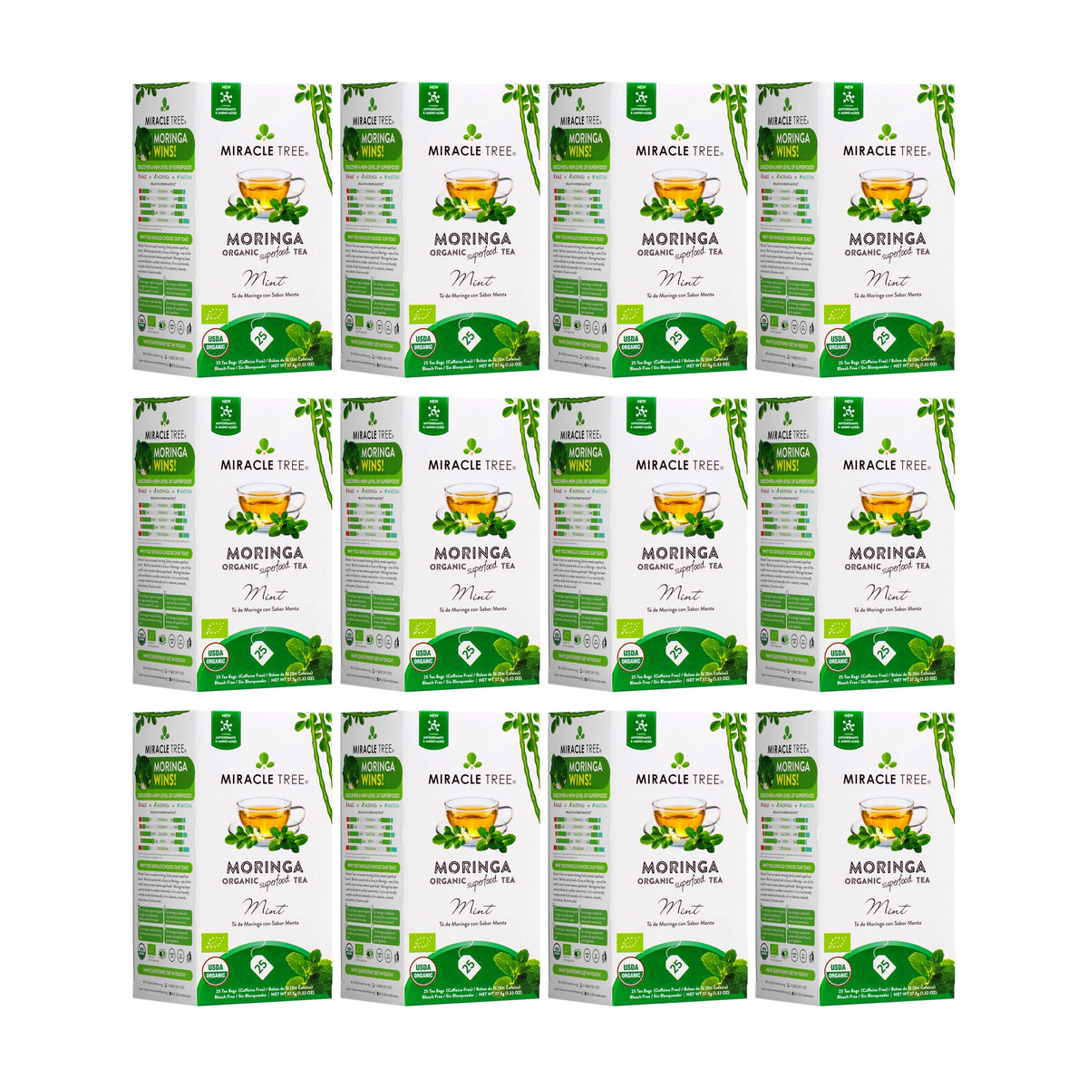 Organic Moringa Tea with mint from Miracle Tree, caffeine-free herbal tea in a clear glass cup with fresh mint leaves.