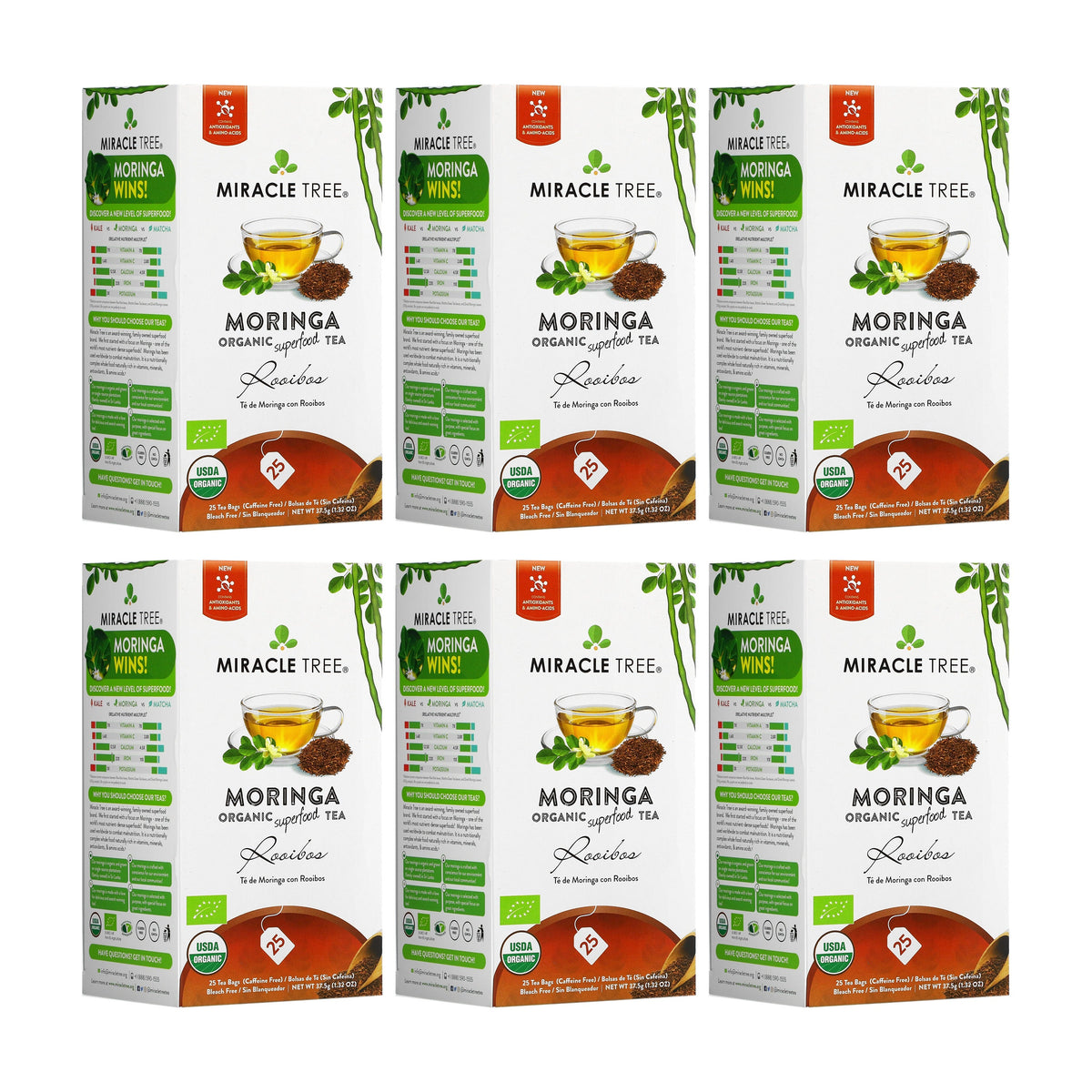 Organic Moringa Tea by Miracle Tree, caffeine-free herbal rooibos tea in a clear glass cup with dried leaves and tea bags.