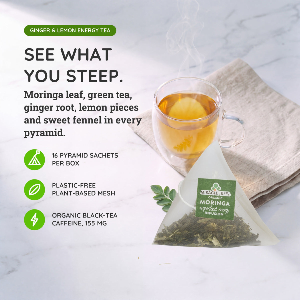 Organic Moringa Energy Tea by Miracle Tree with ginger and lemon, natural coffee alternative, featuring fresh tea leaves and ingredients.