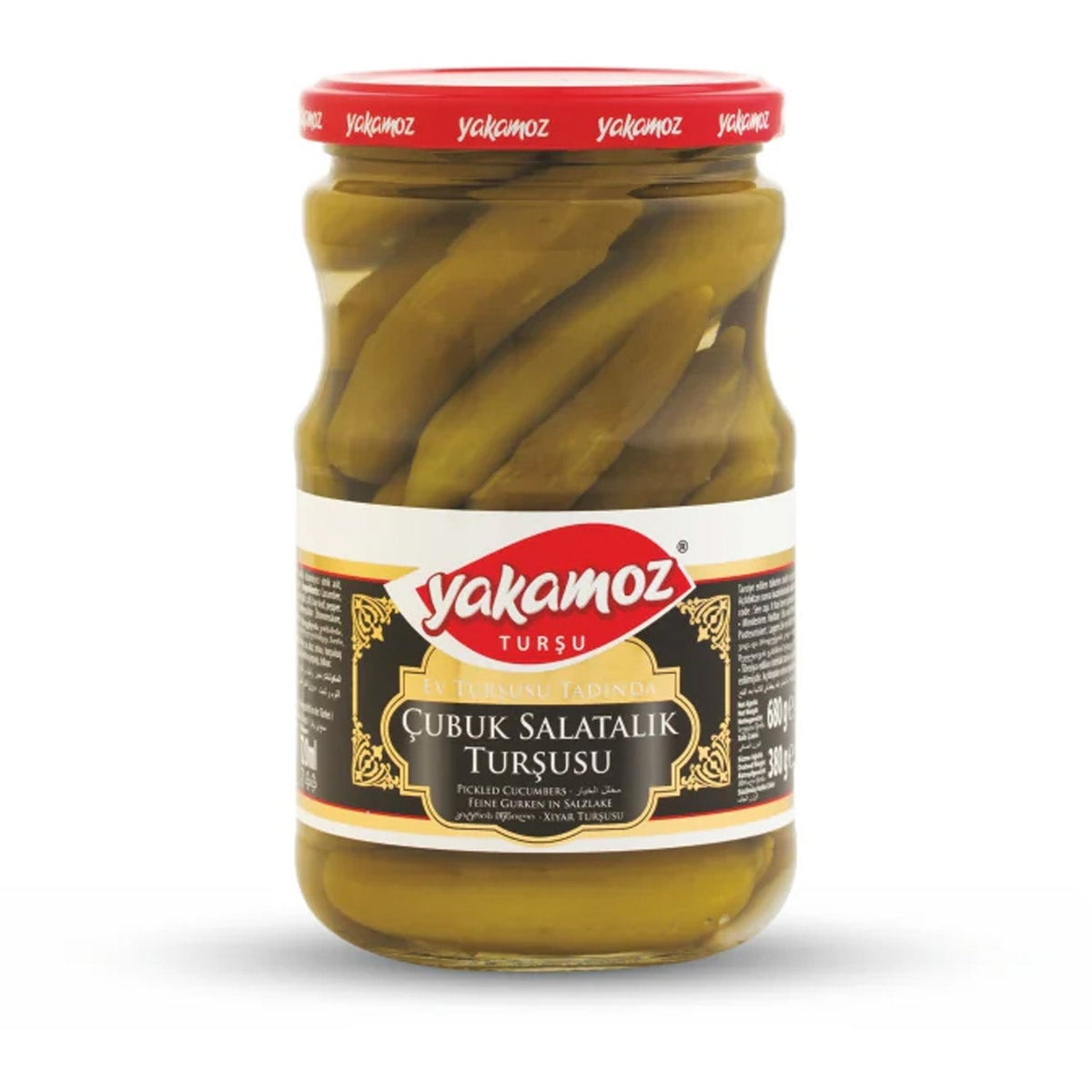 Glass jar of Yakamoz homemade-style pickled cucumbers in brine, 370ml, by S101 with fresh, crunchy gherkins visible inside.