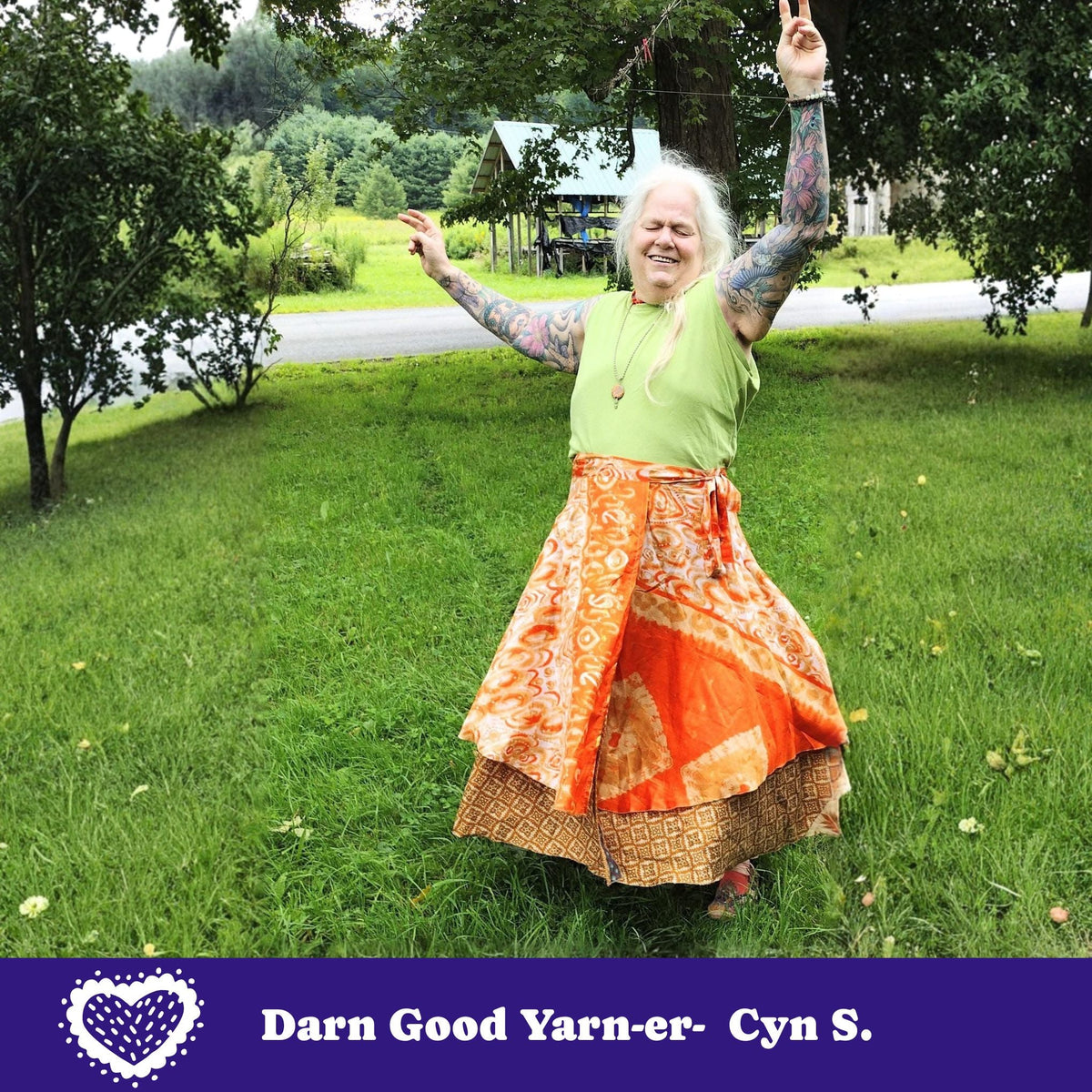 Colorful Made With Love saree wrap skirt by Darn Good Yarn, featuring vibrant fabric and traditional wrap design.