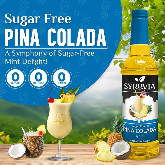 Sugar-Free Pina Colada syrup by Syruvia, showing a clear bottle with Pina Colada flavor syrup and a tropical background.