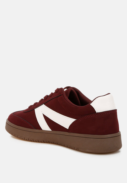 London Rag Zoomer contrasting patchwork chunky sneakers in burgundy with mixed fabric panels and thick soles.