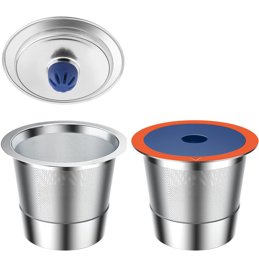 Two eco-friendly stainless steel K-Cups by BACKUPMYFILESNOW® shown in a 2-pack, reusable coffee pods for Keurig machines.