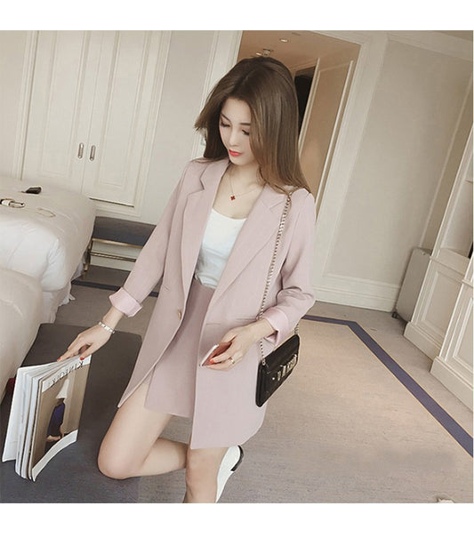 Stylish women's British casual blazer and dress set featuring a tailored blazer and matching dress for a chic, sophisticated look.