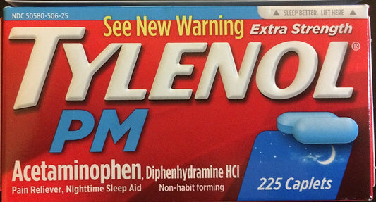 Tylenol PM Advanced 500mg pain and sleep aid dual pack with labeled bottles and capsules for nighttime relief.