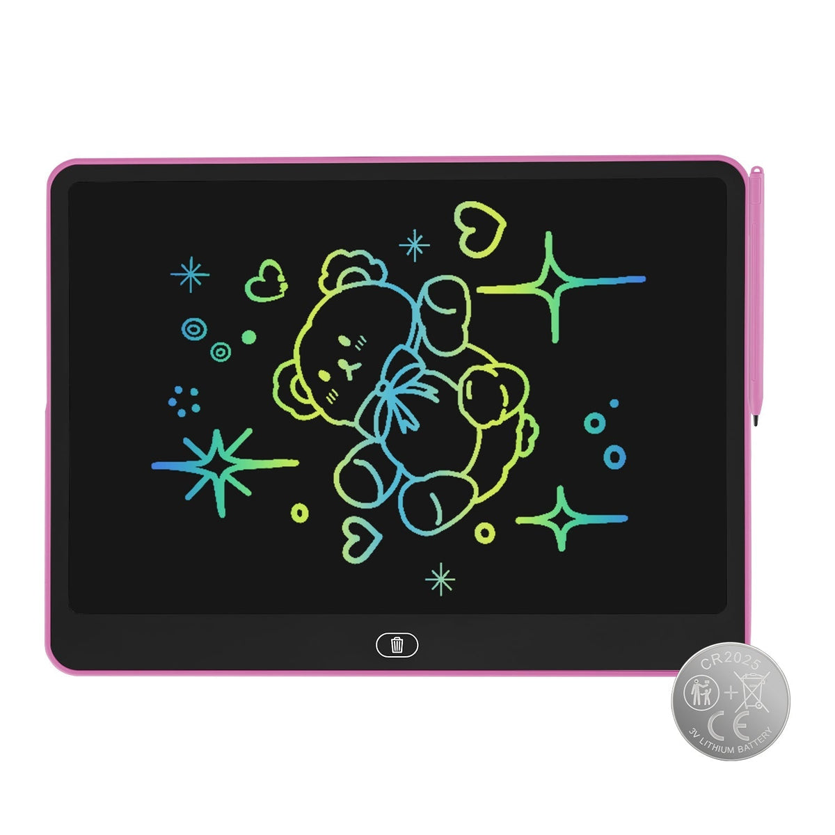 GBruno Store LCD writing tablet for kids with stylus and lock function, showing a colorful digital drawing on the screen.
