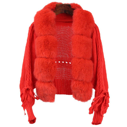 Women's autumn fox fur cardigan coat sweater in a soft, stylish design