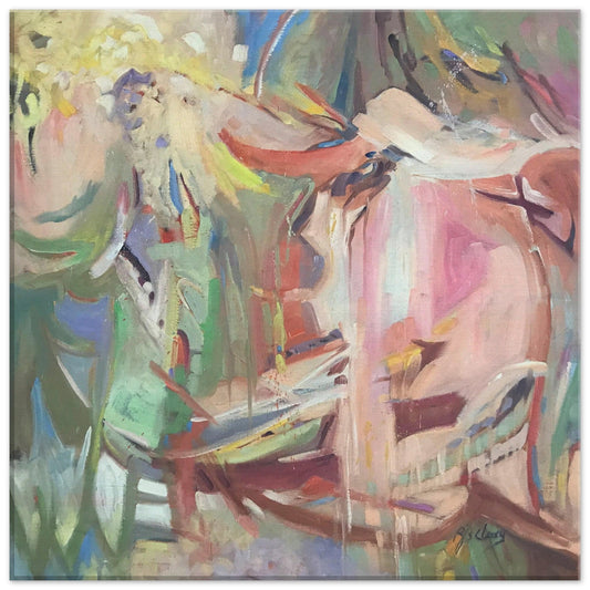 Colorful abstract canvas print titled "All Seasons" by Barbara Cleary, 16x16 inches, featuring vibrant mixed media artwork.