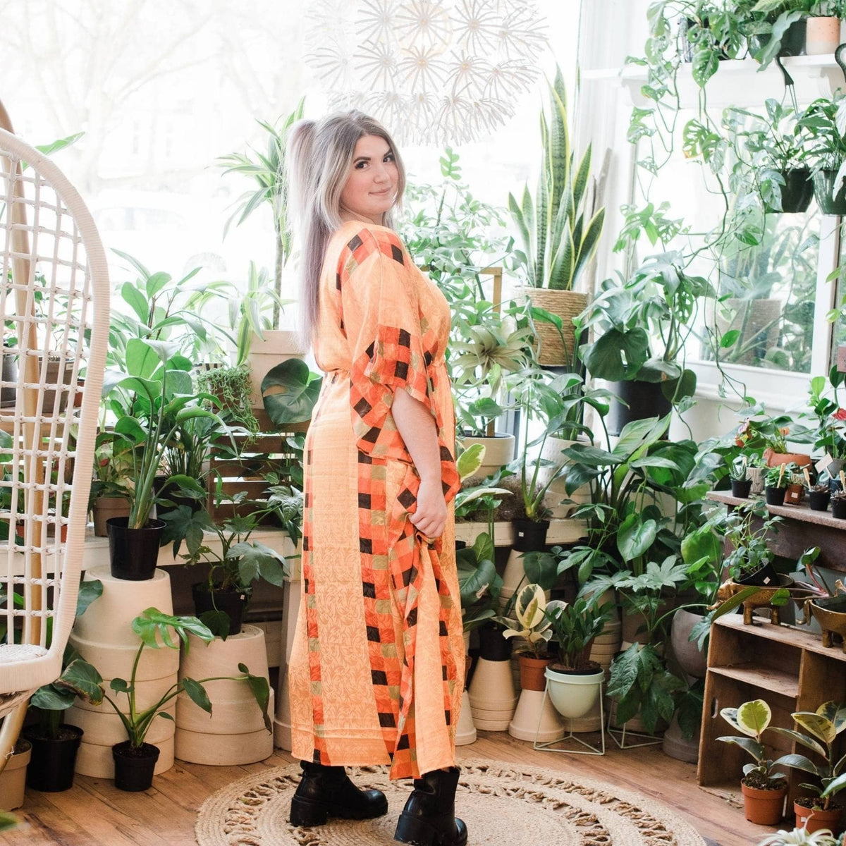 Aanya adjustable long boho kaftan dress by Darn Good Yarn, eco-friendly crochet-knit design, plus-size women’s clothing.