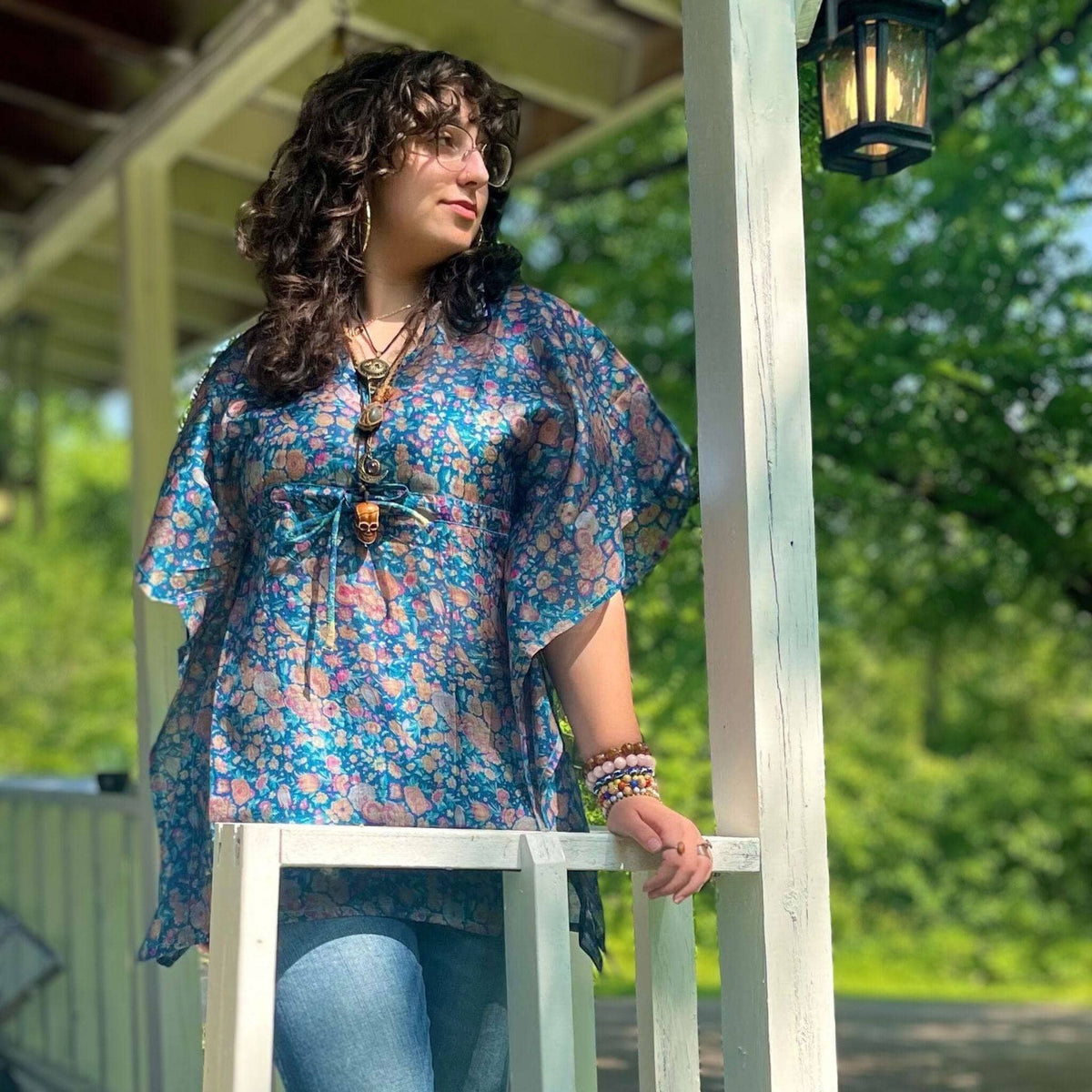A green Surplus Aanya Adjustable Short Kaftan by Darn Good Yarn, featuring eco-friendly knit fabric, boho style, plus size, women's clothing.