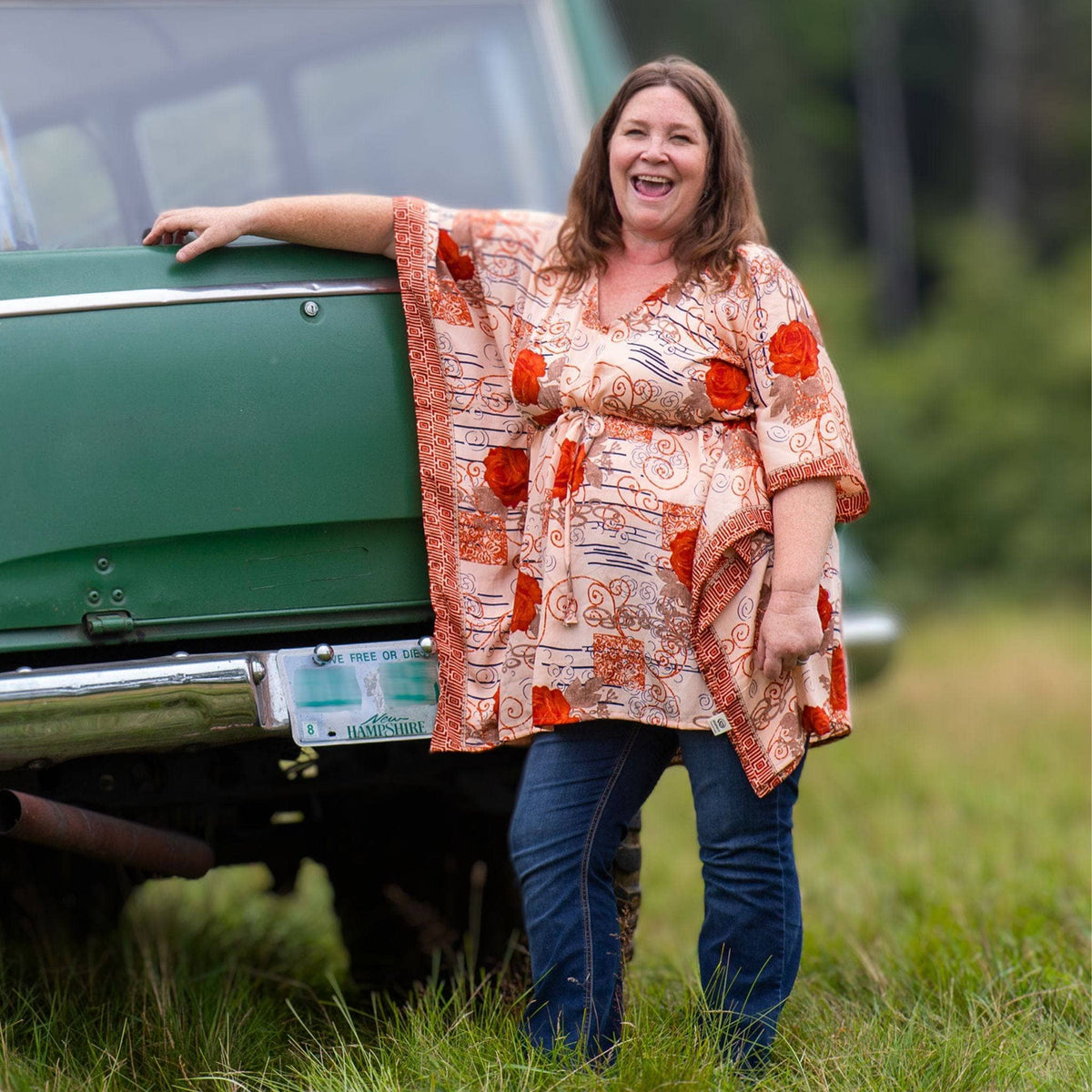 Darn Good Yarn Surplus Aanya adjustable short kaftan in eco-friendly yarn, boho style, plus size women's clothing with crochet details.