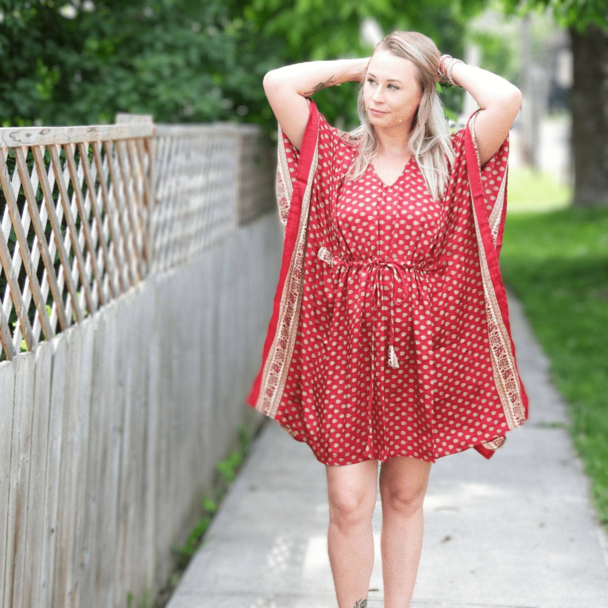 Darn Good Yarn Surplus Aanya adjustable short kaftan in eco-friendly crochet knit, boho style, plus size women's clothing.