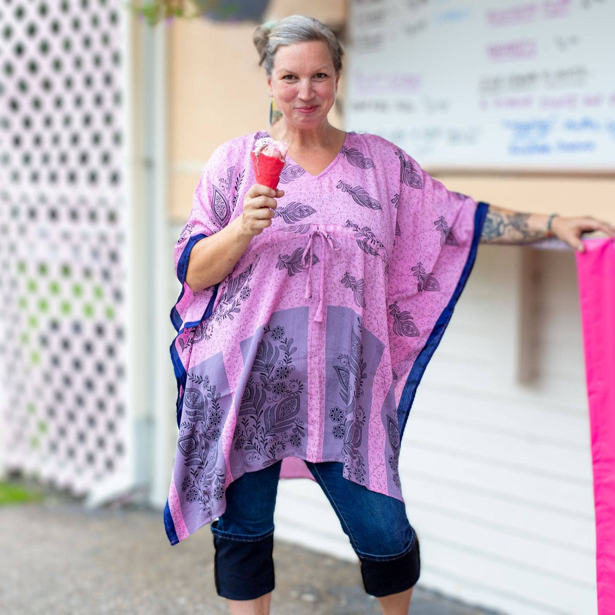 Darn Good Yarn Surplus Aanya Adjustable Short Kaftan in eco-friendly crochet, boho style, plus size women's clothing.