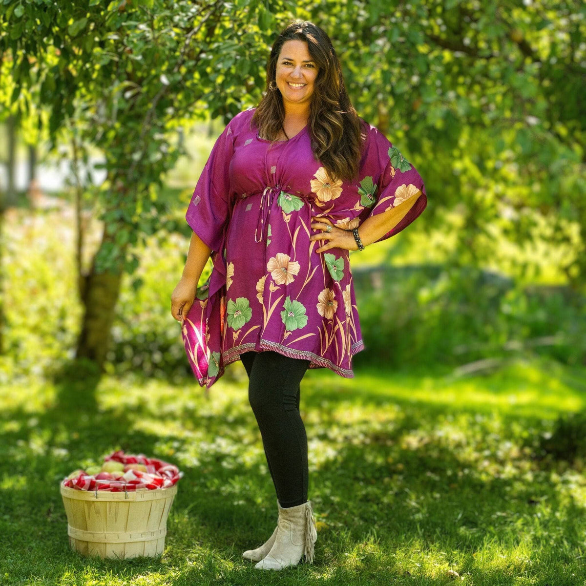 Darn Good Yarn Surplus Aanya adjustable short kaftan in eco-friendly crochet knit, boho style, plus size women's clothing.