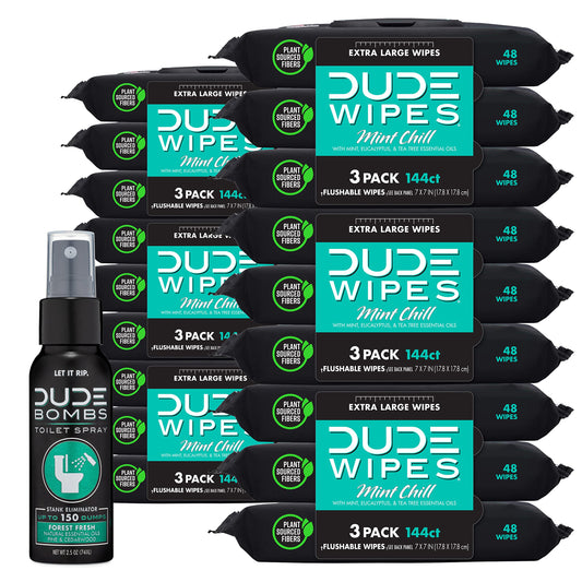 BackupMyFilesNow DUDE Wipes flushable adult wet wipes with eucalyptus and tea tree oil, 18 pack with toilet spray, mint chill scent.