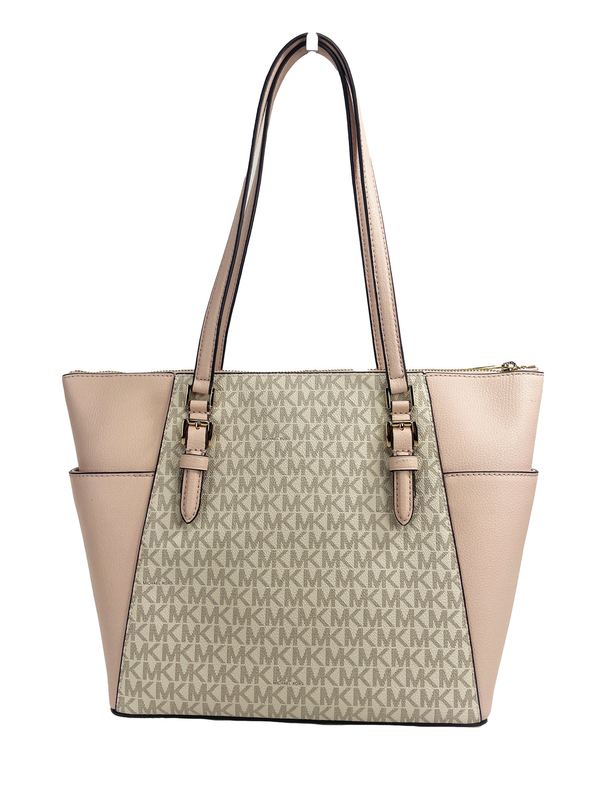 Michael Kors Charlotte zip leather tote bag in black with gold hardware, featuring dual top handles and spacious interior.