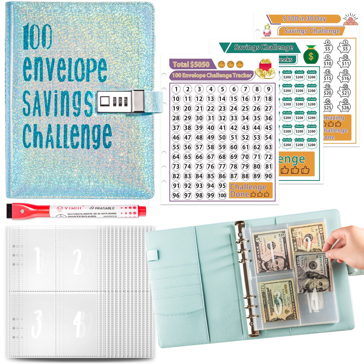 5A Money Saving Challenge Planner cover with savings tracker and budgeting pages