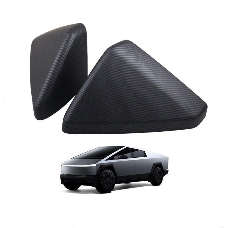 Tesla Cybertruck ABS mirror covers with carbon fiber pattern, available in two finishes, by Tesery.