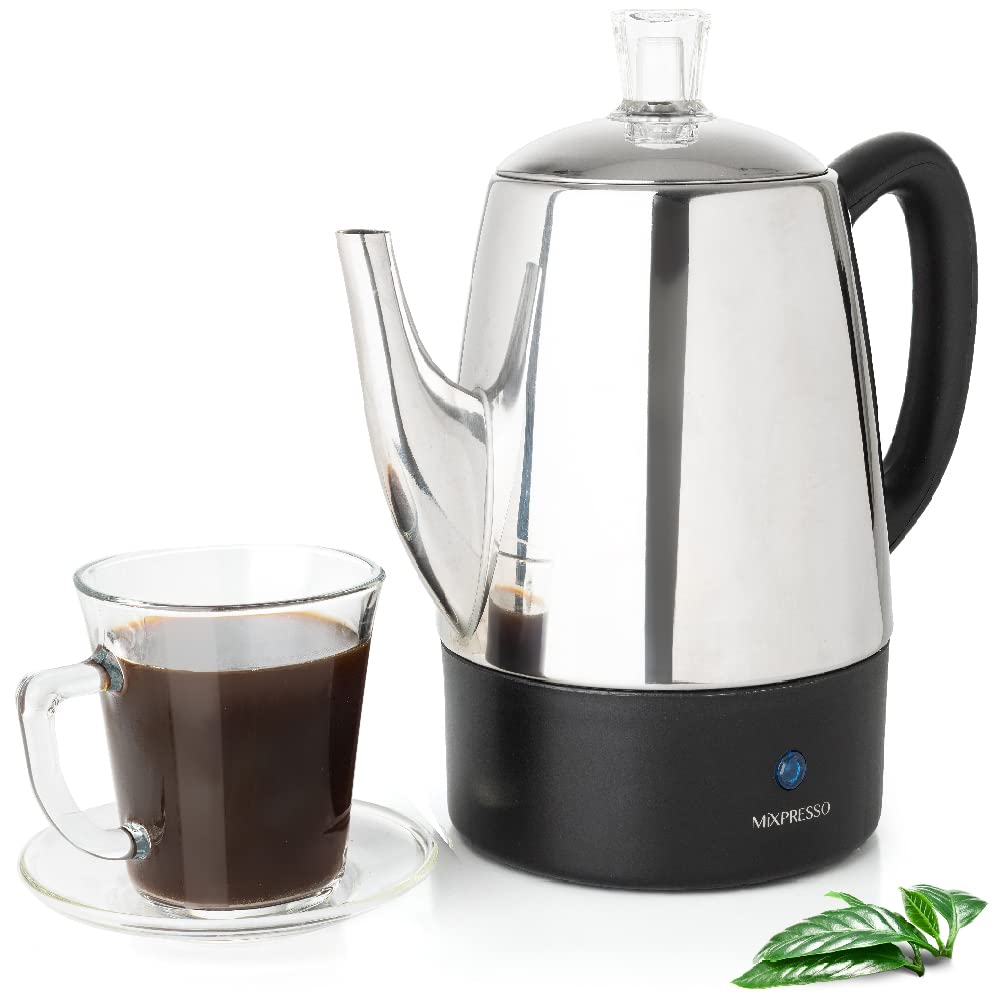 Backupmyfilesnow.com® electric 10-cup stainless steel Mixpresso percolator coffee pot with keep warm function and coffee basket.