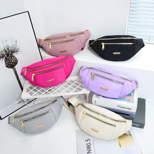 White women’s sports waist bag by Aerocandy Store, multi-layer fanny pack with phone and essentials for outdoor activities, crossbody style.