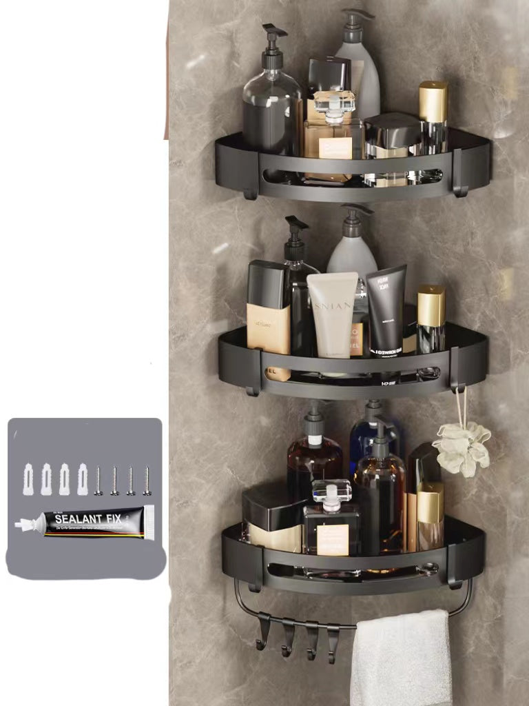 Triangle bathroom wall shelf with perforated metal design for hanging storage
