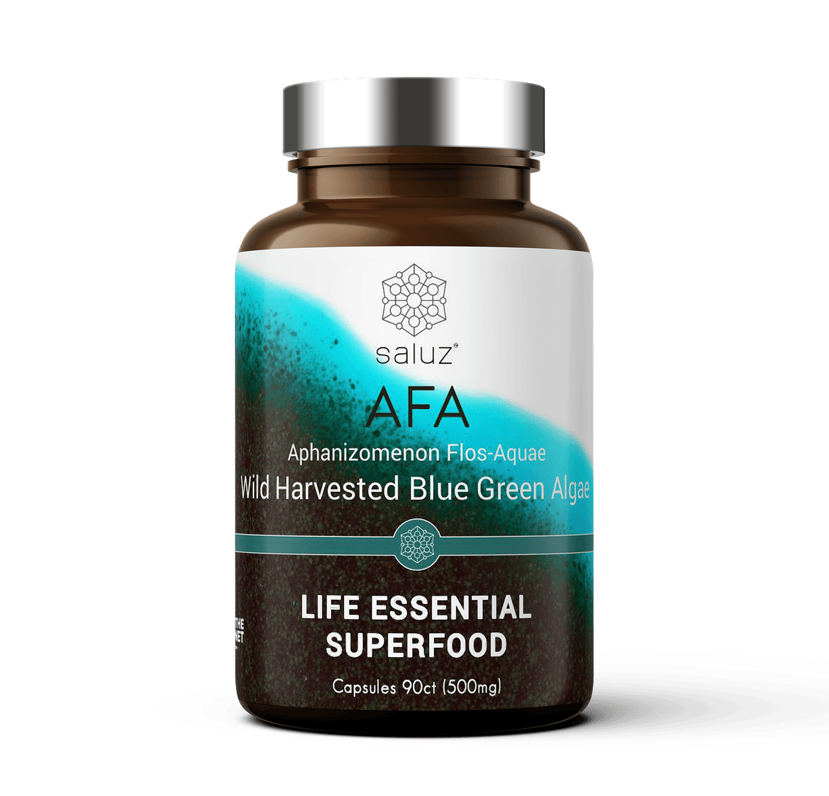 Saluz Wild Harvested Blue Green Algae Capsules 500mg, 90 count, dietary supplement with natural blue-green algae in softgel form.