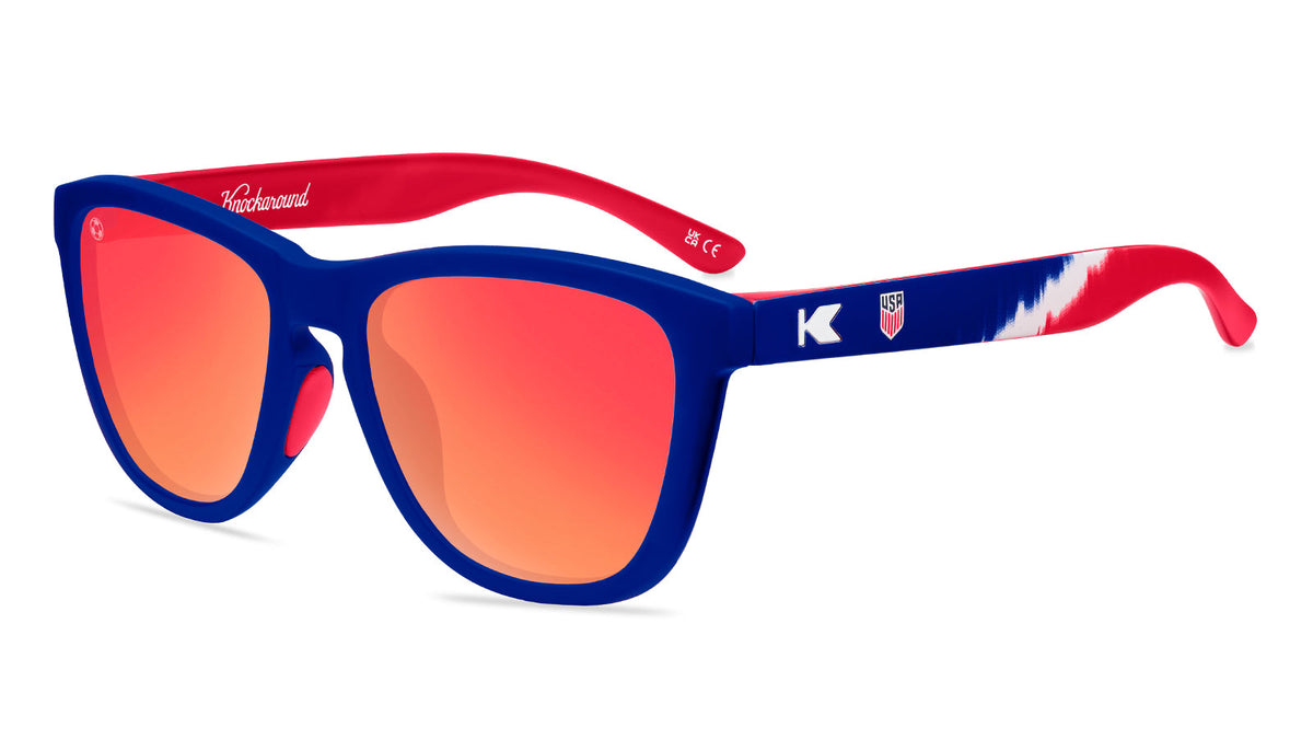 U.S. Soccer 2024 Knockaround sunglasses by Goal Five, stylish lifestyle sunglasses with U.S. soccer branding and dark tinted lenses.