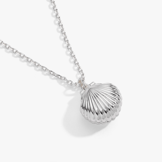 Silver seashell locket pendant necklace featuring engraved design with seashells, by ALEX AND ANI, perfect for beach-inspired style.