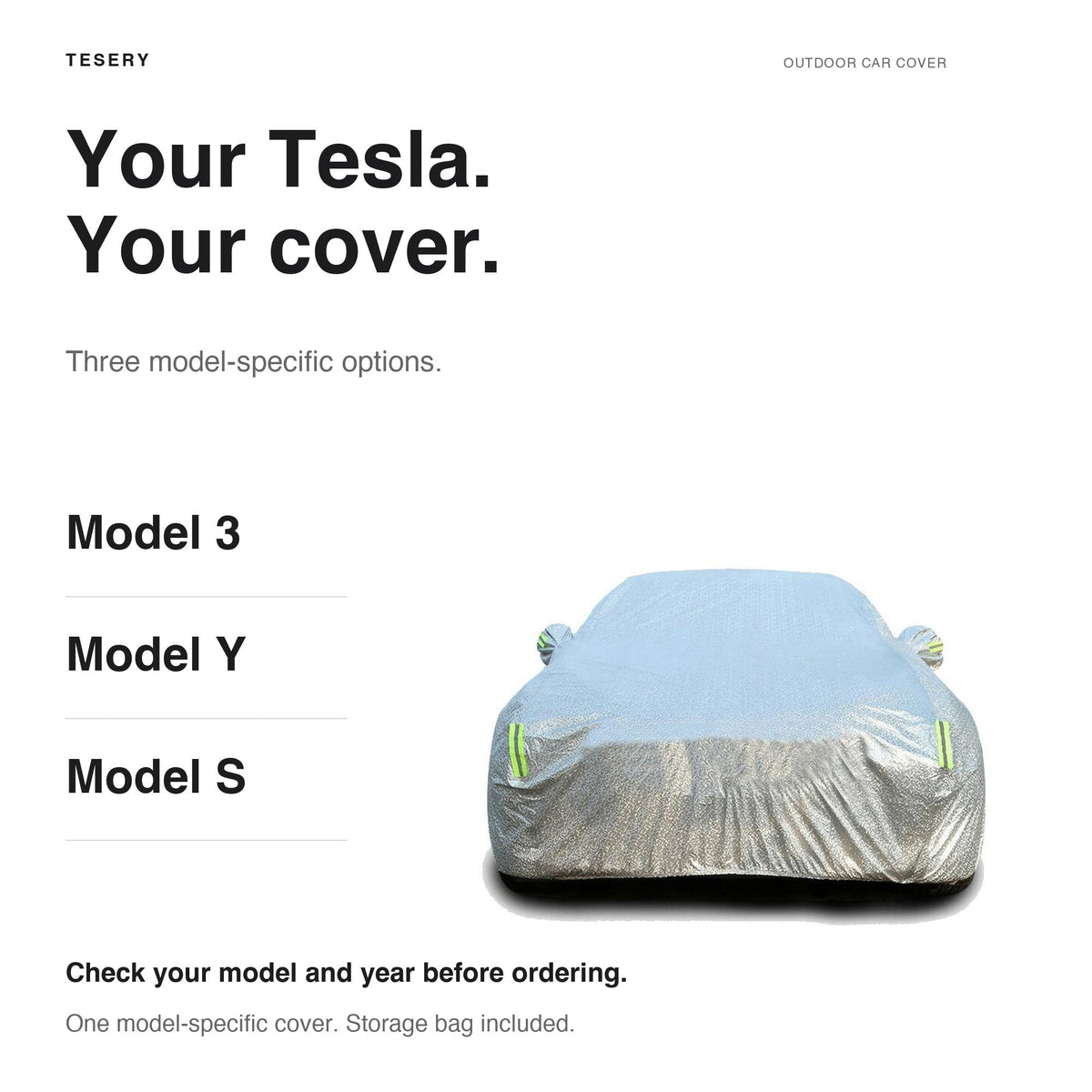 All-weather waterproof Oxford car cover for Tesla Model 3, Y, and S, designed to protect against rain, snow, and sun damage.