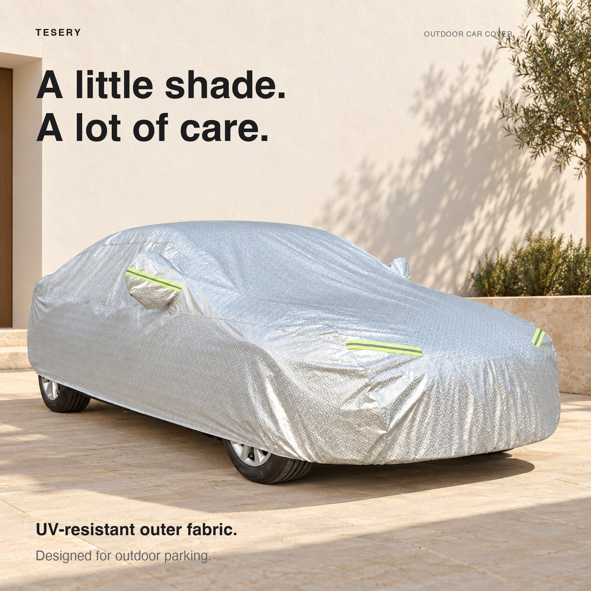 All-weather waterproof Oxford car cover for Tesla Model 3, Y, and S by Tesery, protecting against rain, dust, and UV rays.