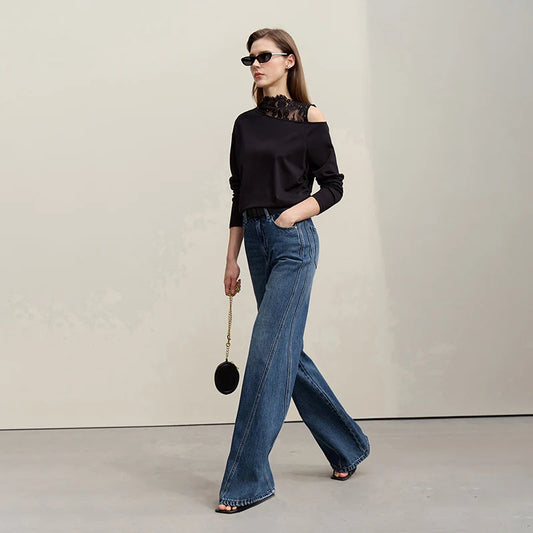 Amii Women's denim jeans in deep blue, flared and casual with a retro loose fit, perfect for spring and everyday wear.