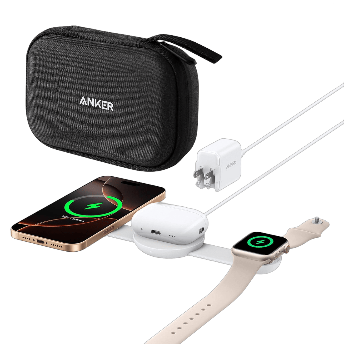 Anker MagGo 3-in-1 wireless charging station with foldable pad and black stone finish, featuring integrated adapter for multiple device charging