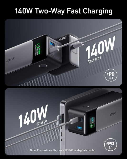 Black Anker 737 PowerCore 24K portable power bank for charging devices, featuring multiple USB ports and compact design.