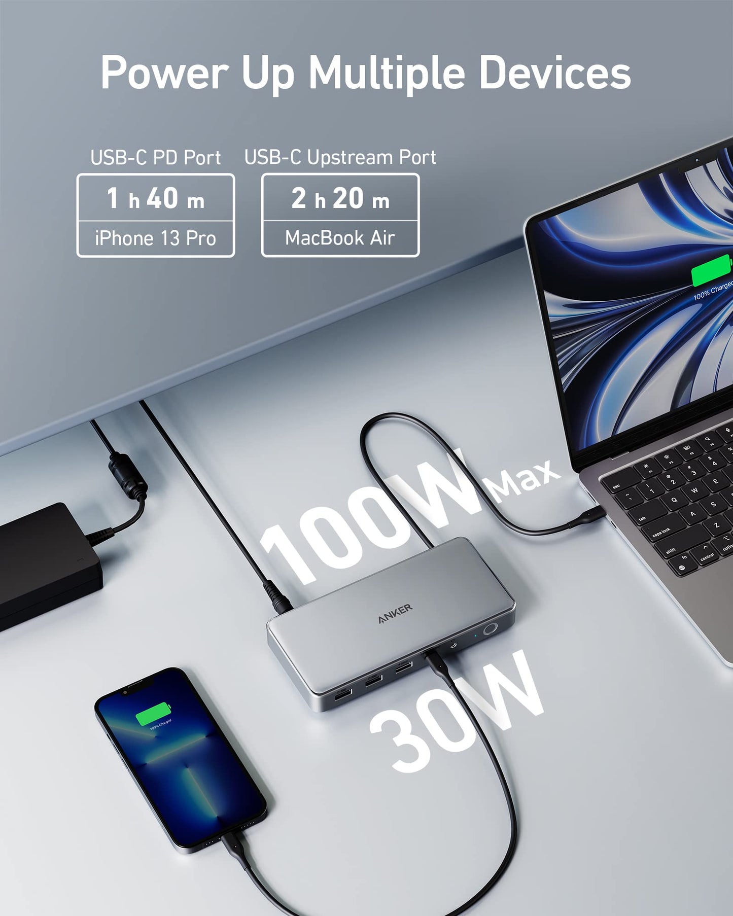 Anker 563 USB-C Docking Station in grey, designed for charging with multiple ports for versatile connectivity.