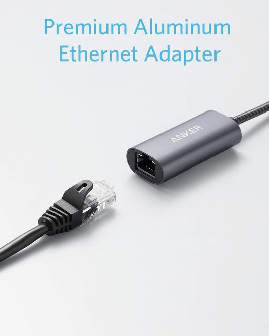 Gray Anker PowerExpand USB-C to Gigabit Ethernet Adapter connecting a device for fast wired internet access.