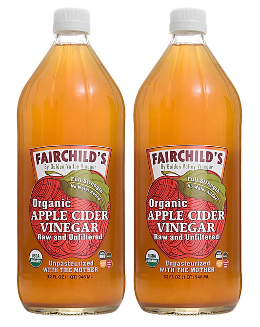 Fairchild’s Organic Apple Cider Vinegar 32oz bottle with the mother, showing the amber liquid and label on the glass bottle.