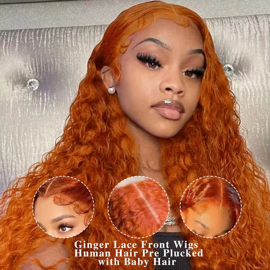 Water Wave Ginger Orange Lace Front Wig from ARM Beauty Hair Store, 13x6 human hair deep curly wet wavy wig with baby hair.