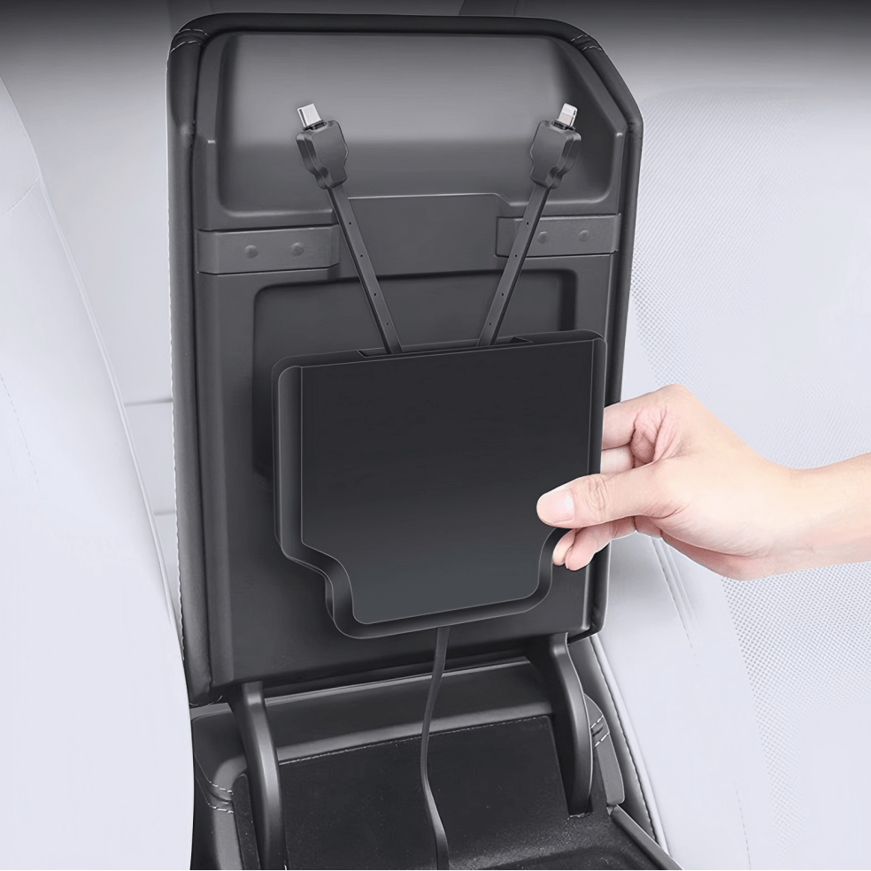 Tesery Model Y and Model 3 Highland armrest box hidden expansion dock with USB hub for convenient connection access.