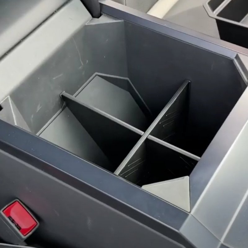 Cybertruck armrest storage box divider by Tesery Official Store, showing organized interior with partition for accessories.