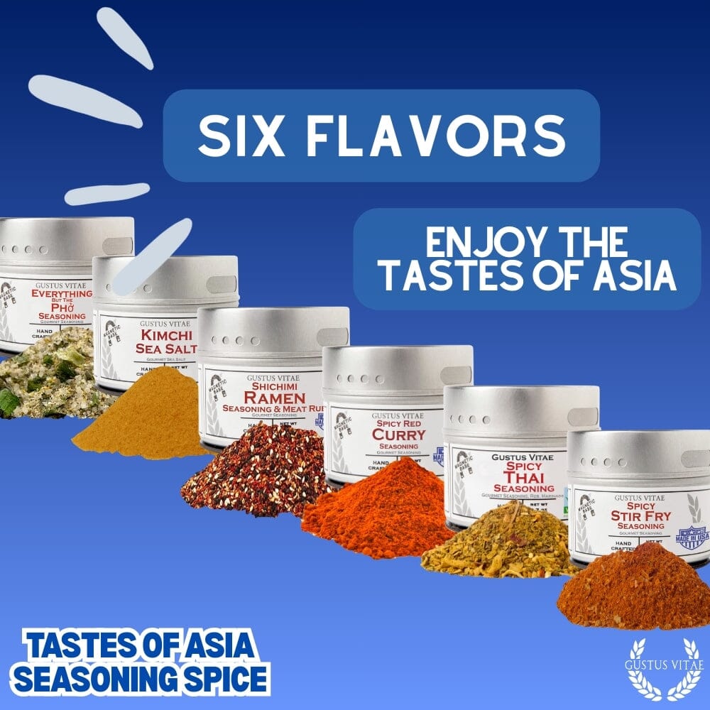 Asian Seasonings Gift Set by Gustus Vitae featuring six artisanal spice blends in a boxed collection, perfect for Asian cuisine.