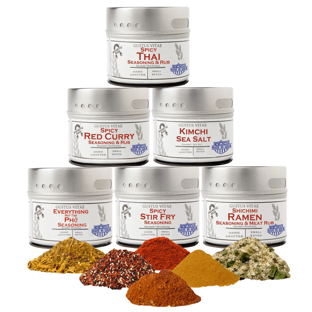 Asian Seasonings Gift Set by Gustus Vitae featuring six artisanal spice blends for cooking and flavoring Asian dishes.