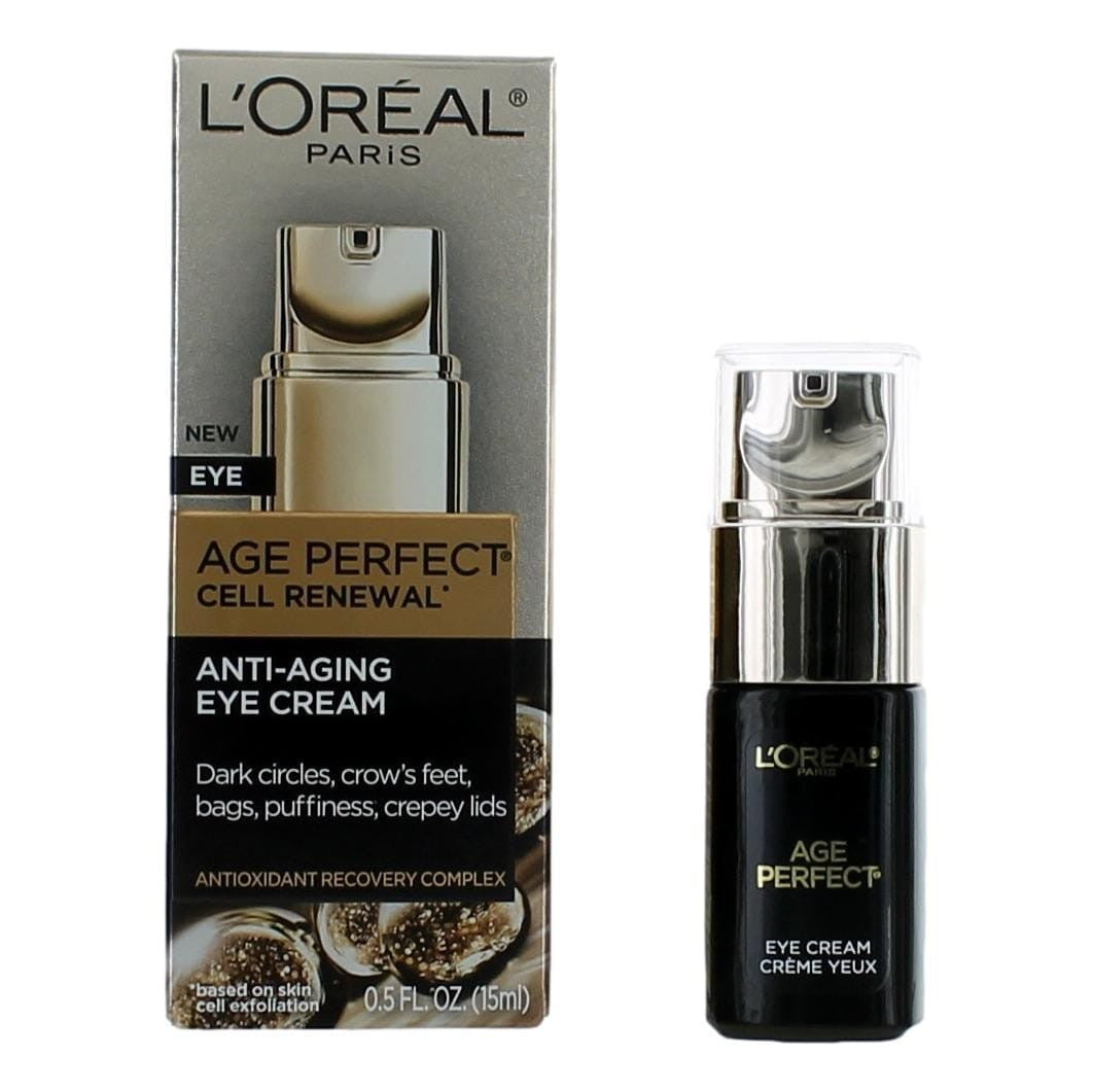 L'Oreal Age Perfect Cell Renewal anti-aging eye cream in a 0.5 oz jar, designed to reduce wrinkles and brighten under-eye skin.
